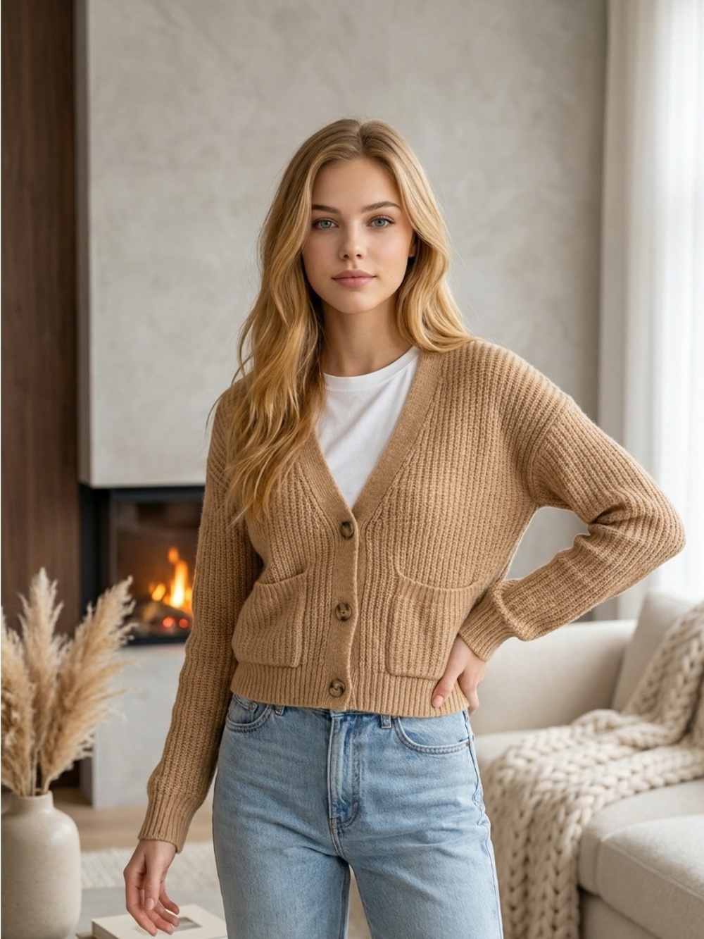 Old Navy Wm Sz XL Cozy Tan Ribbed V-Neck Crop Cardigan Sweater pockets wool bl